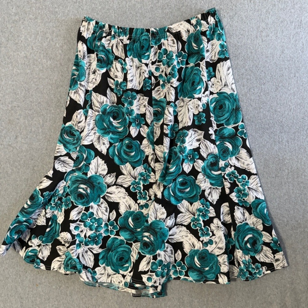 Young Stuff Vintage Floral Midi Skirt Teal Black White Rose Elastic Waist 34